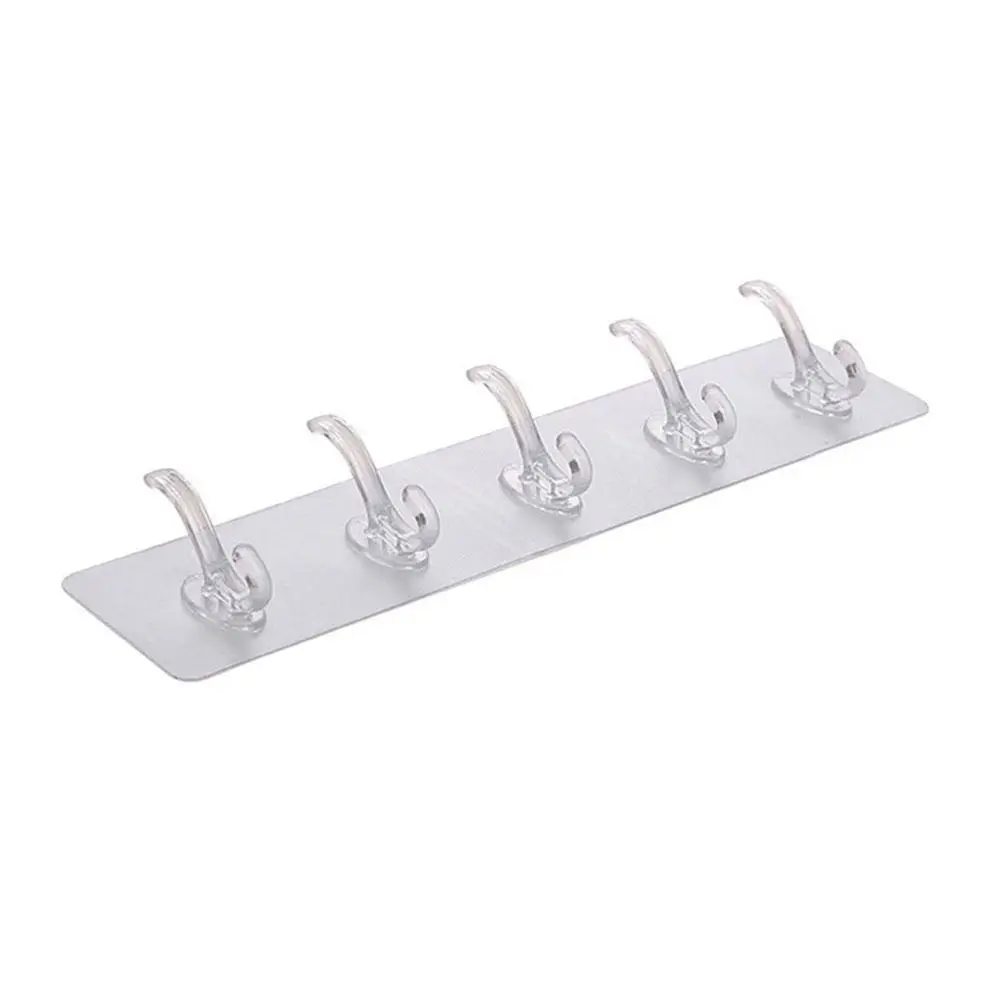 

5 Hooks Transparent Plastic Coat Hooks Kitchen Bathroom Six Rows Hooks Punch Free Wall Hook Bathroom Towel Rack Accessories