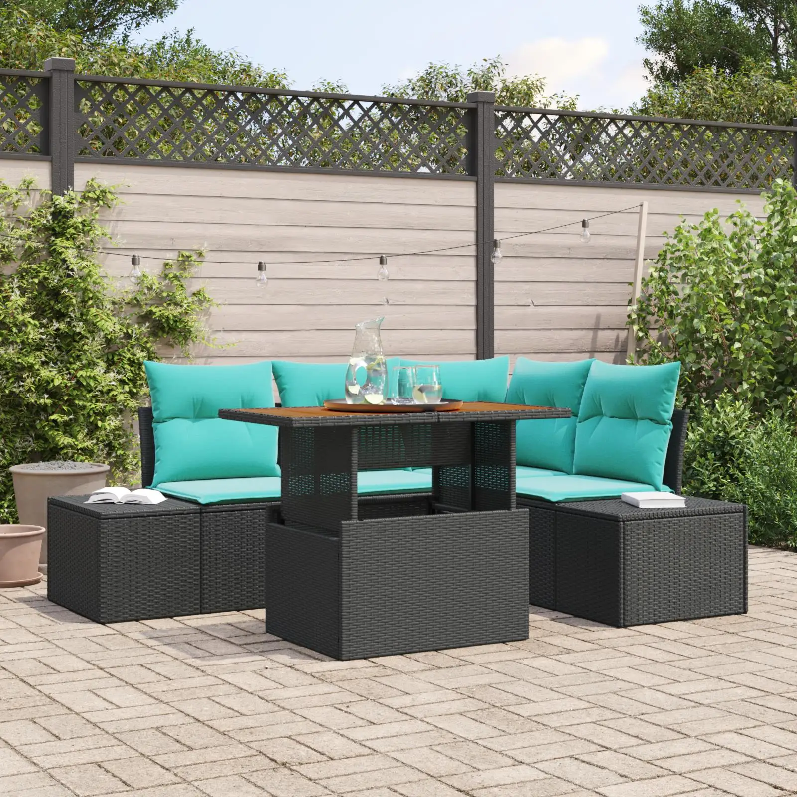 

5 Piece Outdoor Rattan Sofa Set with Cushions Black Patio Furniture for Garden Balcony Deck