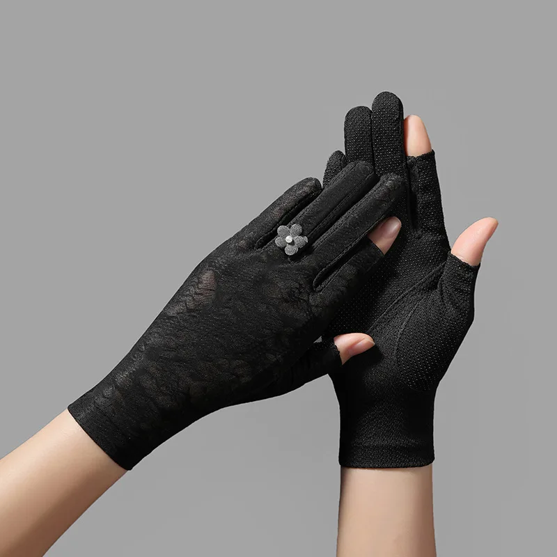 Spring Summer Women\'s Ice Silk Thin Lace Fingerless Anti-ultraviolet Sunscreen UV Gloves with Flower Driving Gloves Women