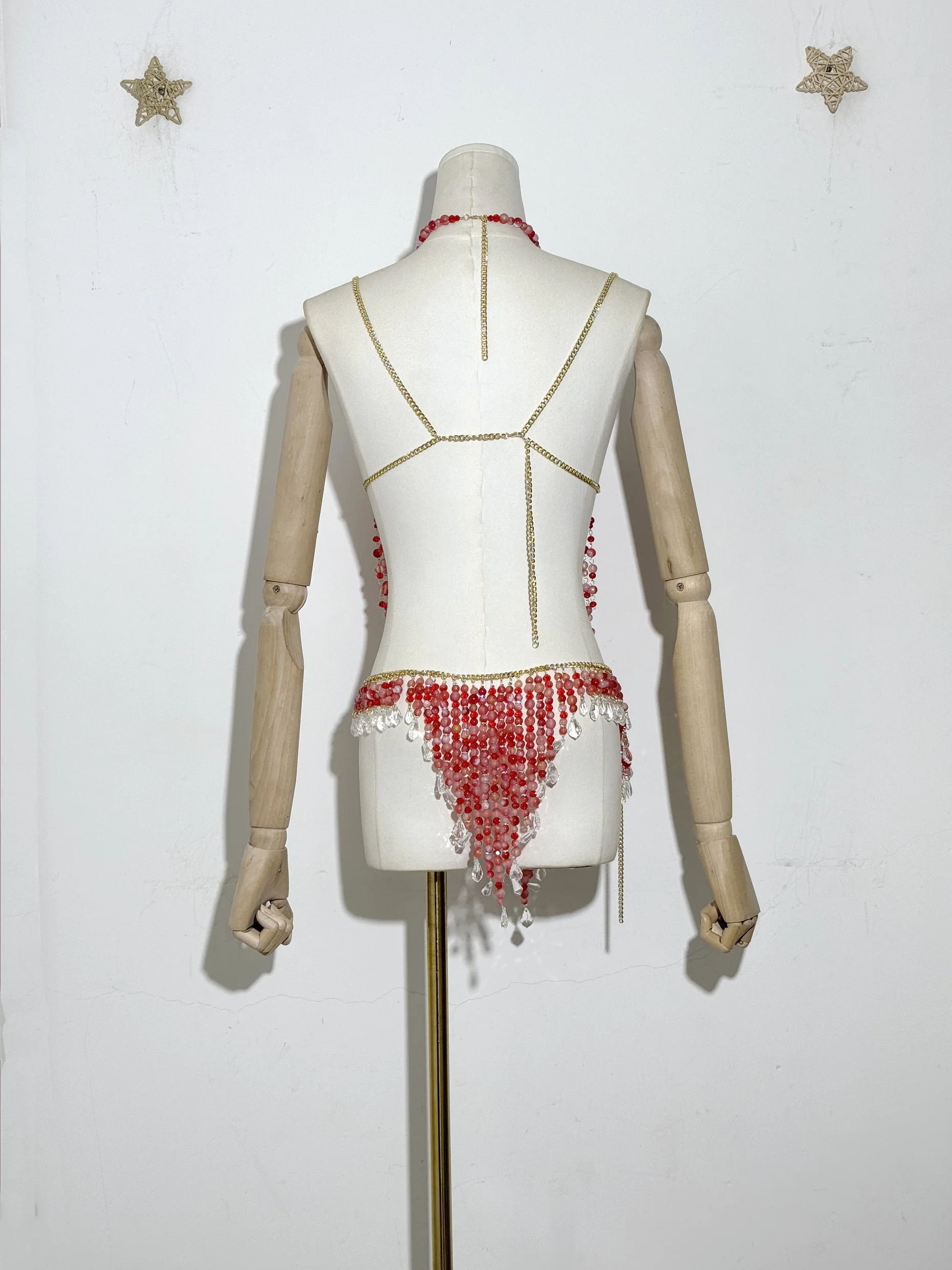 New Amazing Romantic Date Women Handmade Beaded Body Chain Bikiini Bra Skirt Set Hot Sexy Halter Tank Top Belt Beahwear Lingeie