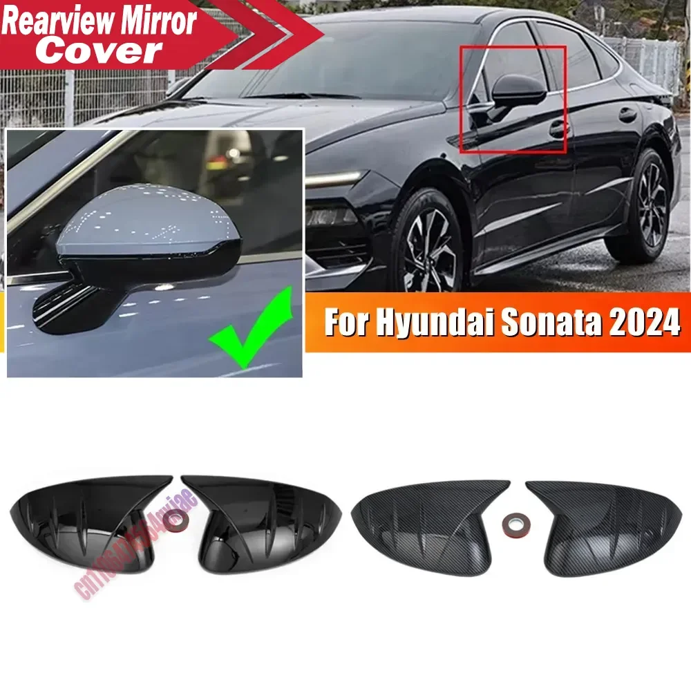 For Hyundai Sonata 11th 2024 ABS Carbon Fiber Black Car Rearview Side Mirror Cover Wing Cap Exterior Door Trim Adhesive Sticker
