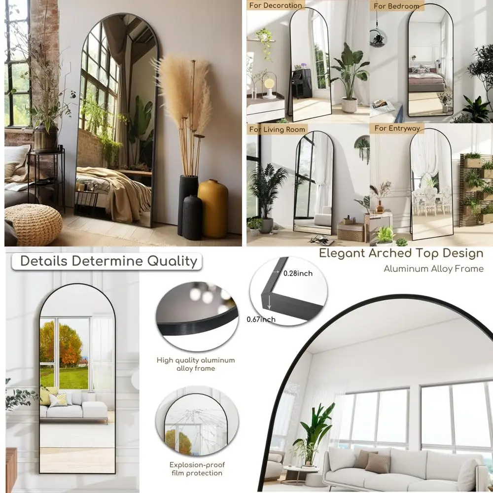 침실용 스탠드가 있는 전신 아치형 벽 거울, 기대거나 걸어둘 수 있는 65 x 21 바닥 거울, 세련된 홈 데코