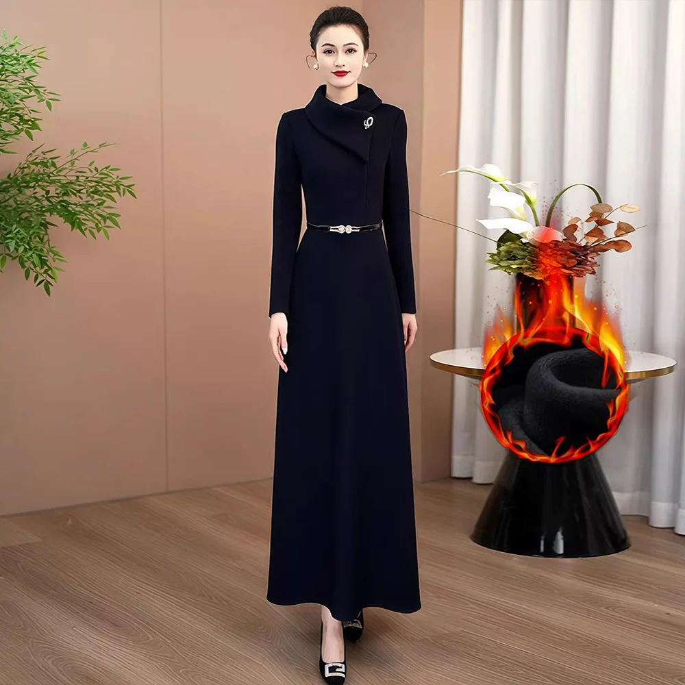 Nowa Elegancka Asymetryczna Długa Sukienka Damska Jesienno-Zimowa Modna Sukienka ze Stójką, Wysokim Stanem, Aksamitną Podszewką, Dopasowana Sukienka w Kolorze Granatowym