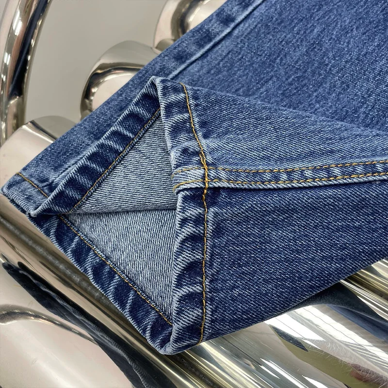 최고급 여성 데님 롱 팬츠, 워싱된 진청색, 고급스럽고 트렌디한 스타일 하이웨이스트 루즈핏 청바지 2596238