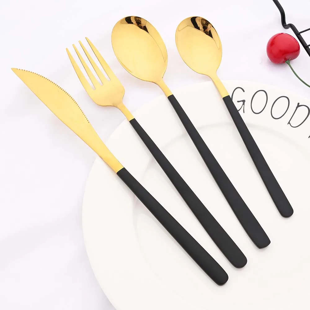 Black Mirror Dinnerware Set 24Pcs Tableware Fork Spoon Knife Kitchen Cutlery Set Stainless Steel Flatware Silverware Wedding Set