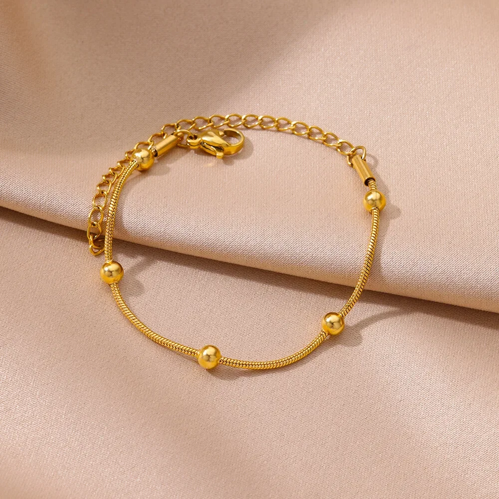 

Stainless Steel Beaded Round Bracelets For Women Gold Color Geometric Snake Chain Bracelet Luxury Wedding Party Jewelry Gift