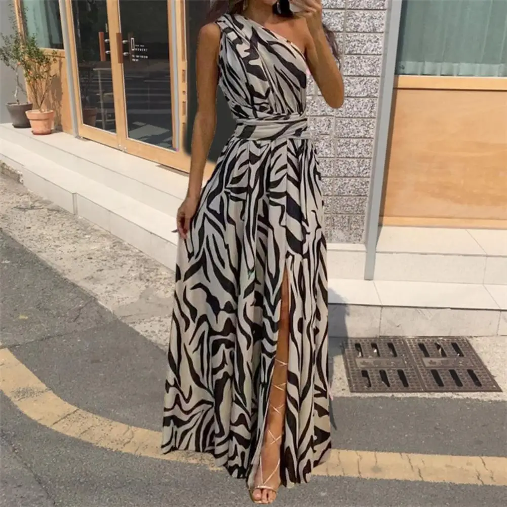 

Women Dress Stunning One Shoulder A-line Maxi Dress Vibrant Print High Waist Elegant Split Hem for Summer Prom Parties Ladies