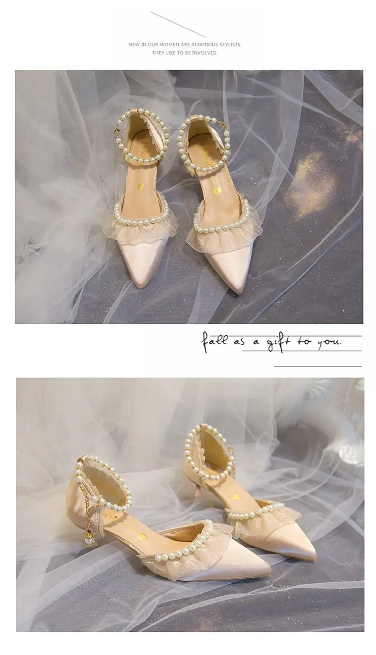 Weiße Hochzeitsschuhe für Damen 2026 Sommer Luxus Seide Perlen Knöchelriemen High Heels Pumps Spitze Damenschuhe mit Absatz – Detail 17