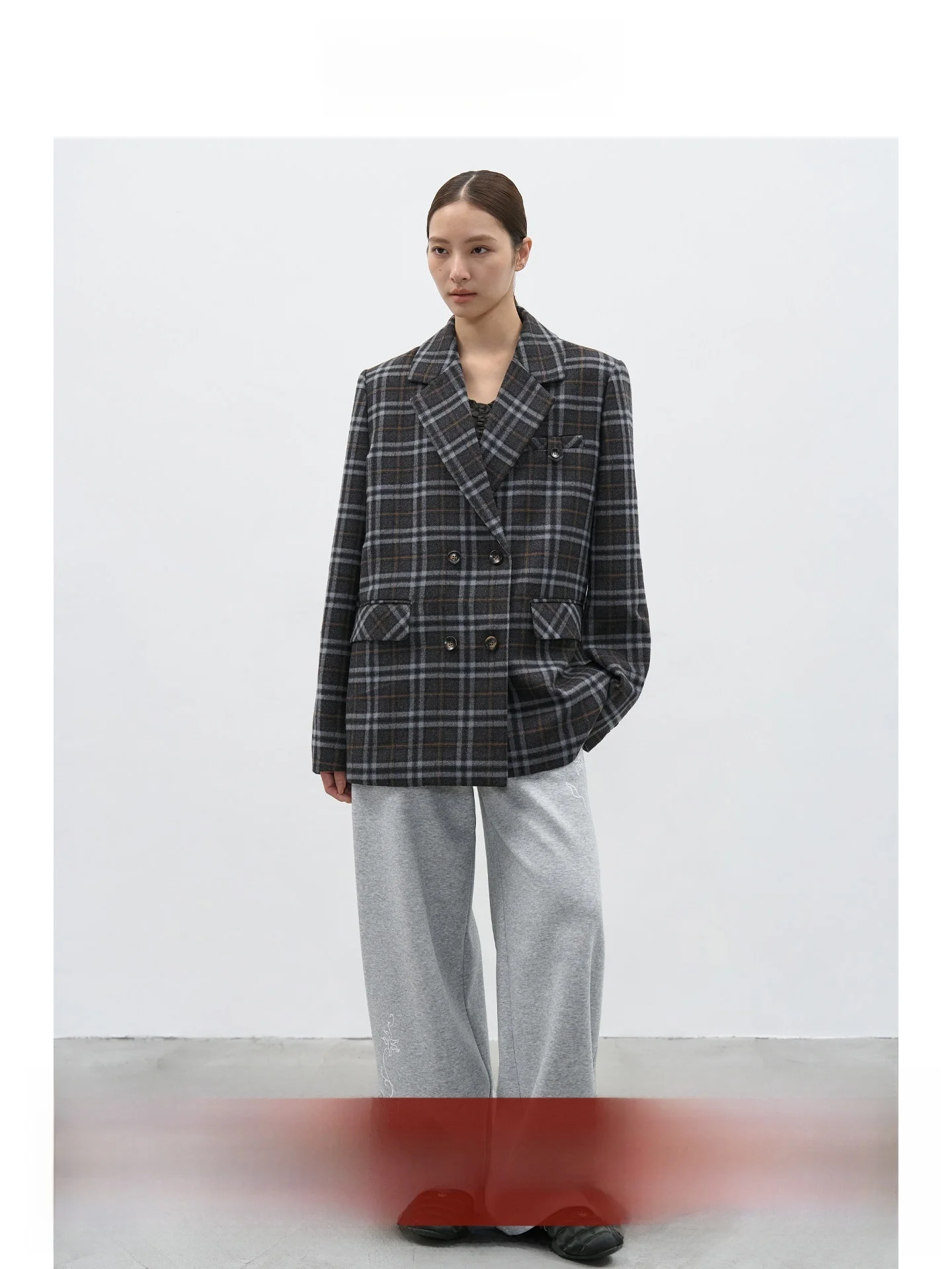 

EIGHTHMONTH Women's Casual Plaid Double-Breasted Long Sve Suit Jaet Loose Fit Vintage Sle Briti Faion