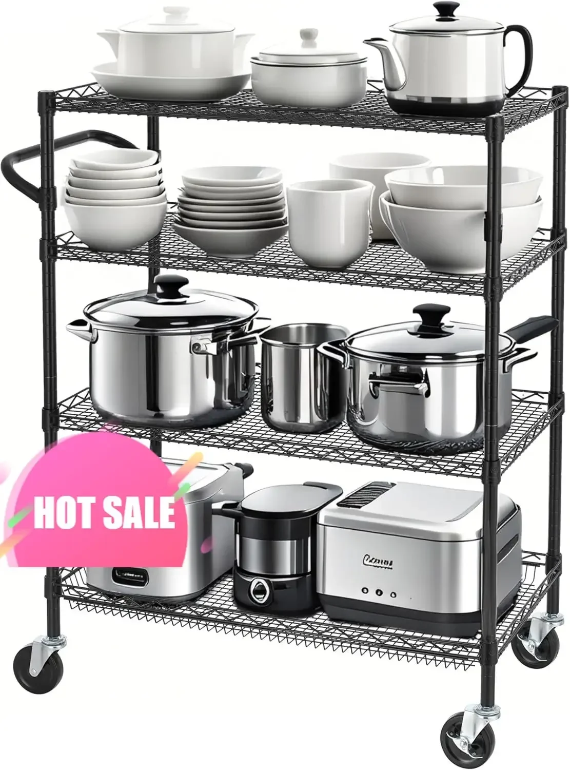 

Горячая распродажа! Эксклюзивное предложение: 4-ярусная усиленная коммерческая тележка на колесах с ручкой, металлическая проволочная тележка на колесах, S.