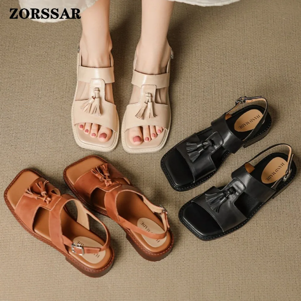 Womens Open Toe Flat Sandals Retro Genuine Leather Tassel Ankle Strap Buckle Shoes Comfortable Thick Sole Summer Casual Footwear