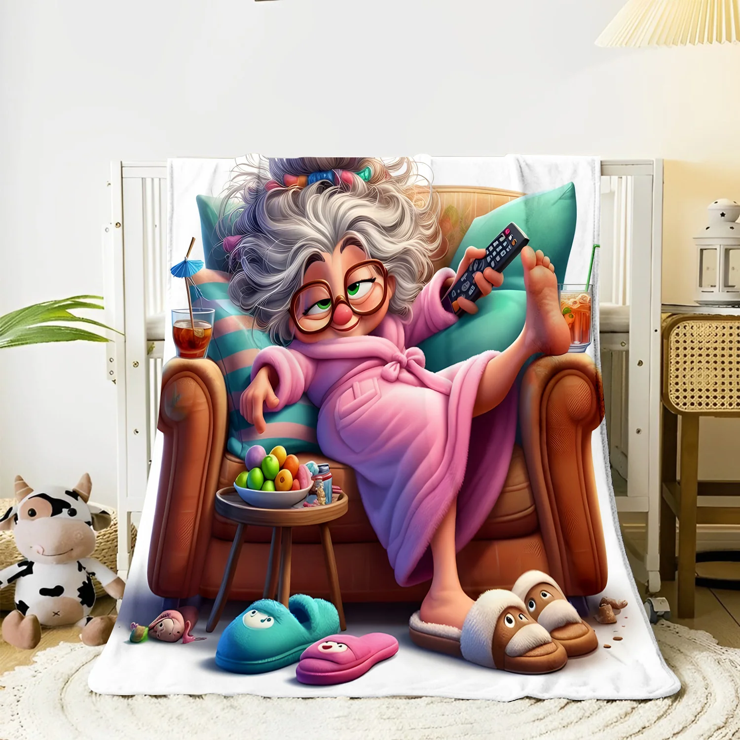 Funny Grandma Watching TV Throw Blanket, Cute Cartoon Design with Remote & Slippers for Cozy Home Decor