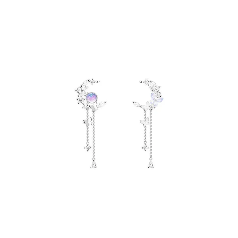 Zarte, niedliche Zirkon-Mond-Quasten-Schmetterlings-Ohrstecker für Damen, koreanische neue Mode, asymmetrische Ohrringe, Partyschmuck – Detail 4