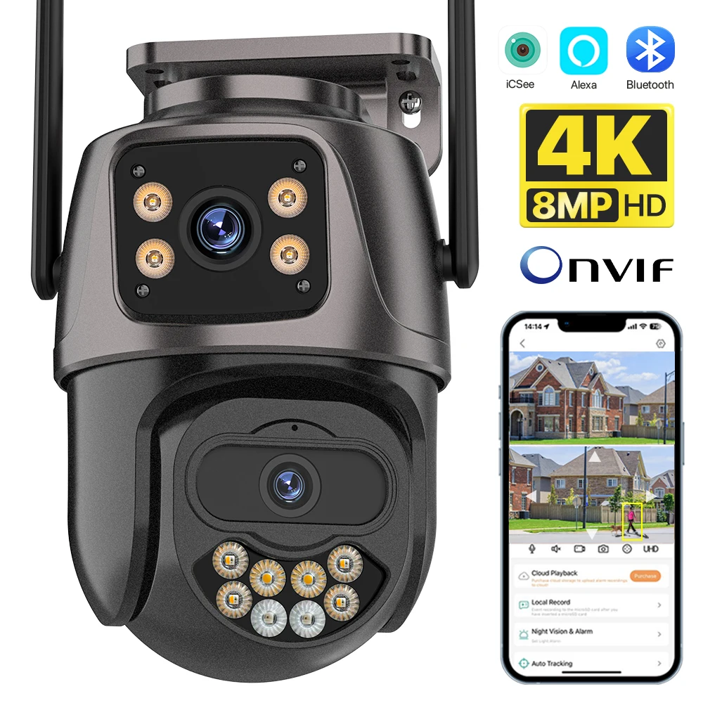 4K 8MP HD PTZ WIFI Camera Outdoor Dual Lens Dual Screen 4MP IP Camera AI rilevamento umano CCTV P2P videosorveglianza Onvif iCSee