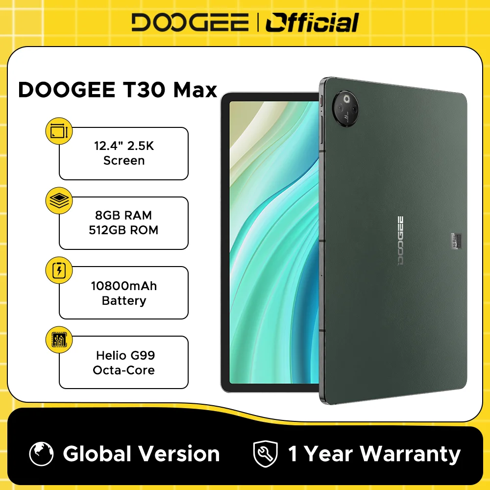 DOOGEE T30 Max Tablet Android 14 12.4 بوصة 2.5K 8GB+512GB 50MP كاميرا مزدوجة من سبائك الألومنيوم Nano Unibody 10800mAh 33W تغيير سريع