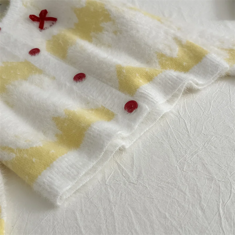 Cardigan maglione girocollo con fiocco a righe sfumate gialle da donna Maglione allentato stile pigro delicato francese elegante autunno e inverno