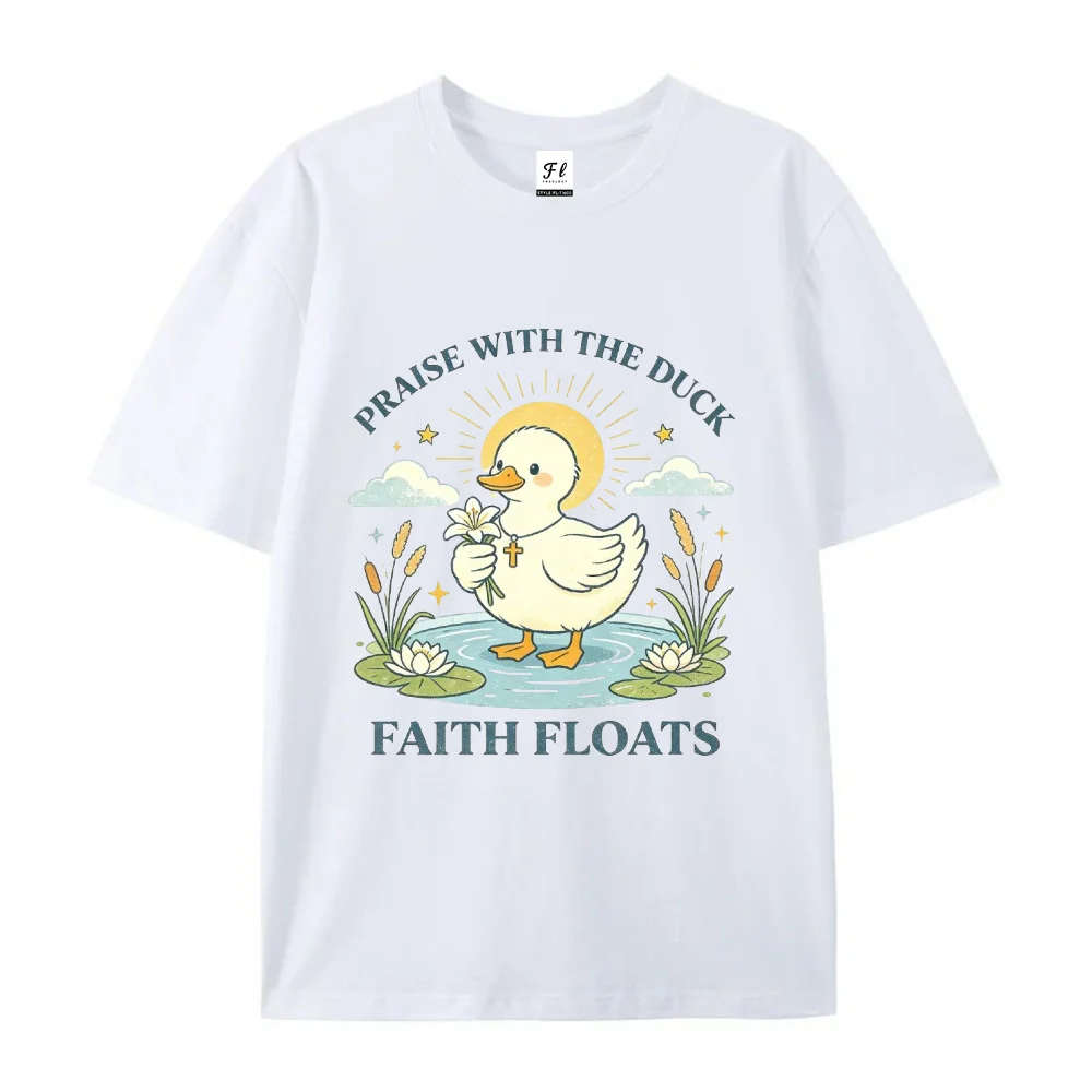 Women T‑Shirt Cute Duck Faith Floats Christian Graphic Tees Retro Faith Quote Print Casual Oversized Short Sleeve Ladies Tops