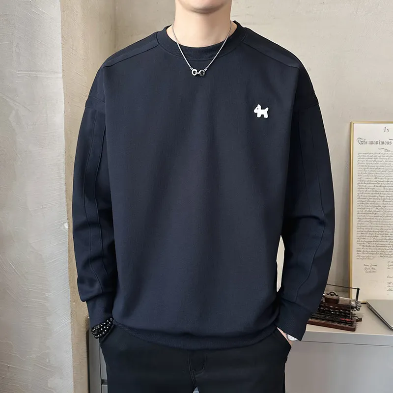

Мужской повседневный свитшот с круглым вырезом, однотонный, универсальный базовый слой, модный молодежный американский стиль с декоративной строчкой на рукавах