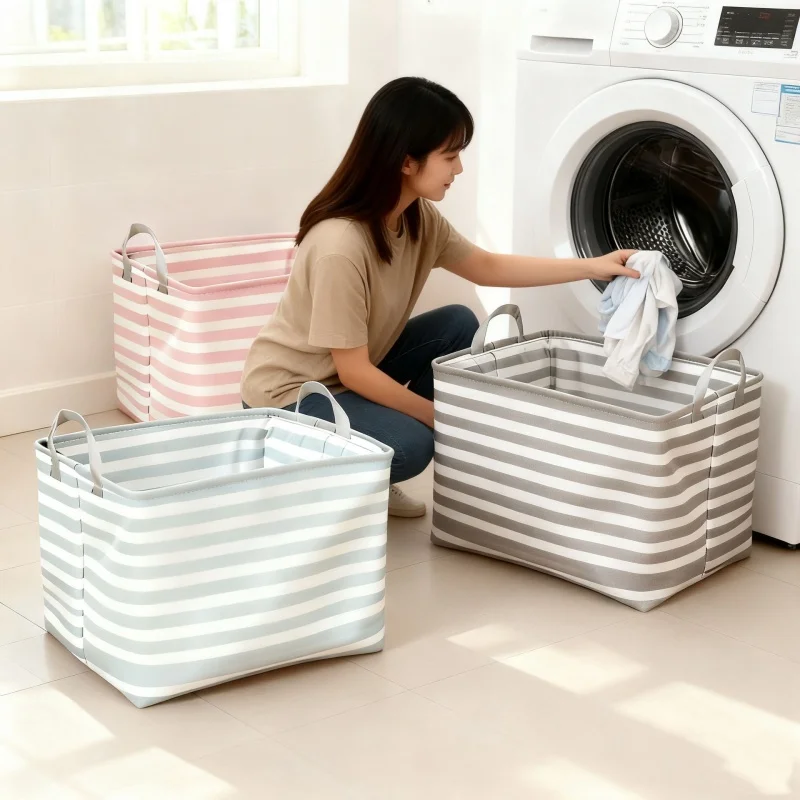 Striped Canvas Storage Bin With Handles Foldable Desktop Cosmetic Sundries Organizer Basket For Home Closet 2 Pcs Random Color