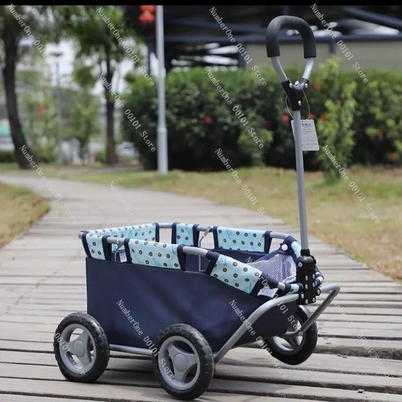 Portable Kids Four Wheel Pull Wagon Ride On Pet Travel Cart Lightweight Outdoor Stroller Home Simple Hand Trolley with Seat