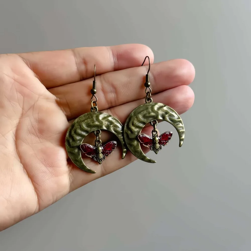 Retro Bronze Tone Crescent Moon Moth Dangle Earrings Red Green Enamel Death‑head Moth Drop Earrings Goth Pagan for Women Jewelry view 5