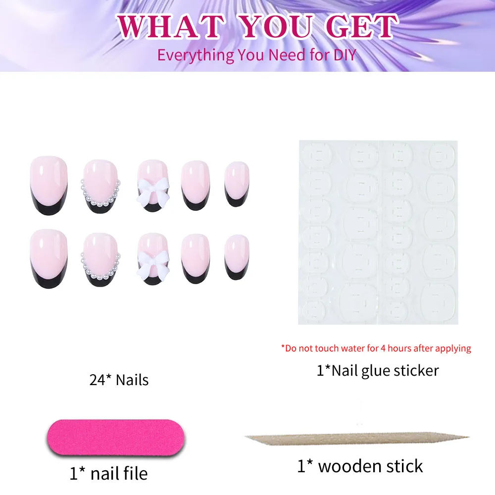 24個入り ショートオーバル ブラックフレンチチップ つけ爪 ショートボウ パールデザイン 完璧にフィットするアクリル製つけ爪セット、内容物あり