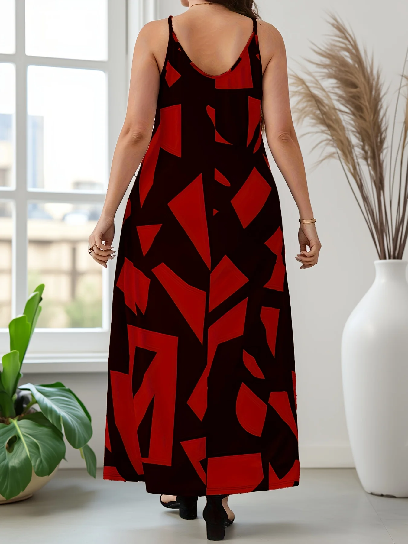 فستان نسائي أنيق بطباعة هندسية مقاس كبير، مزيج بوليستر مرن، قابل للغسل في الغسالة - أنيق كاجوال باللونين الأبيض والأسود، فستان أنيق مقاس كبير #2