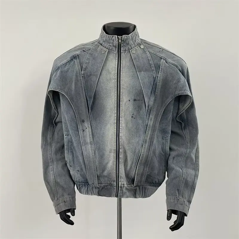 Distressed Dirty Denim Jacket Men American Vibe Deconstructed Stand Collar Coat Spring Autumn Loose Workwear Street Fashion