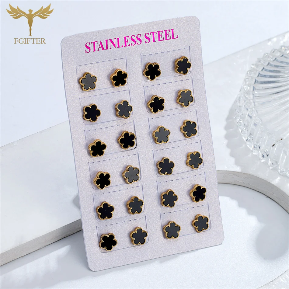 12 Pairs Black Flower Earrings for Women Men Golden Stainless Steel Stud Earrings Set Fashion Jewelry Wholesale for Resale Gifts