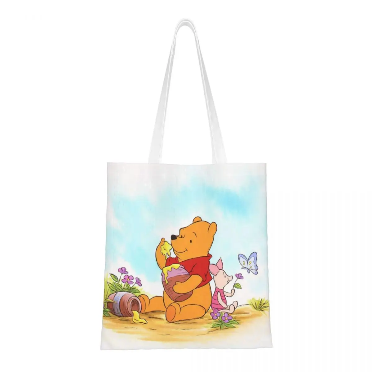 Custom Cute Printing Funny Cartoon Winnie The Pooh Tote Shopping Bags Recycling Canvas Shoulder Shopper Handbag