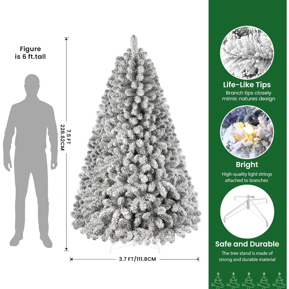 7.5ft Prelit Snow Flocked Artificial Holiday Christmas Tree with Remote (Upgraded), 470 RGB Lights, Full Snow Branch Tips