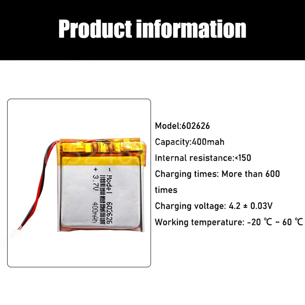 3,7 V 400 mAh 602626   Batteria ricaricabile agli ioni di litio polimerica per tachigrafo a luce LED per auto DVR auricolare Bluetooth MP3 MP4