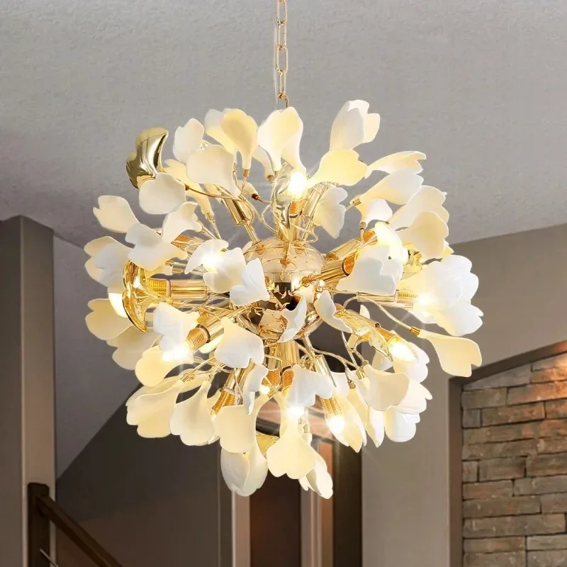 Modern French Ginko Leaves Chandeliers for Dining Room Bedroom Bathroom Ceramics Round Hanging Pendant Lamp