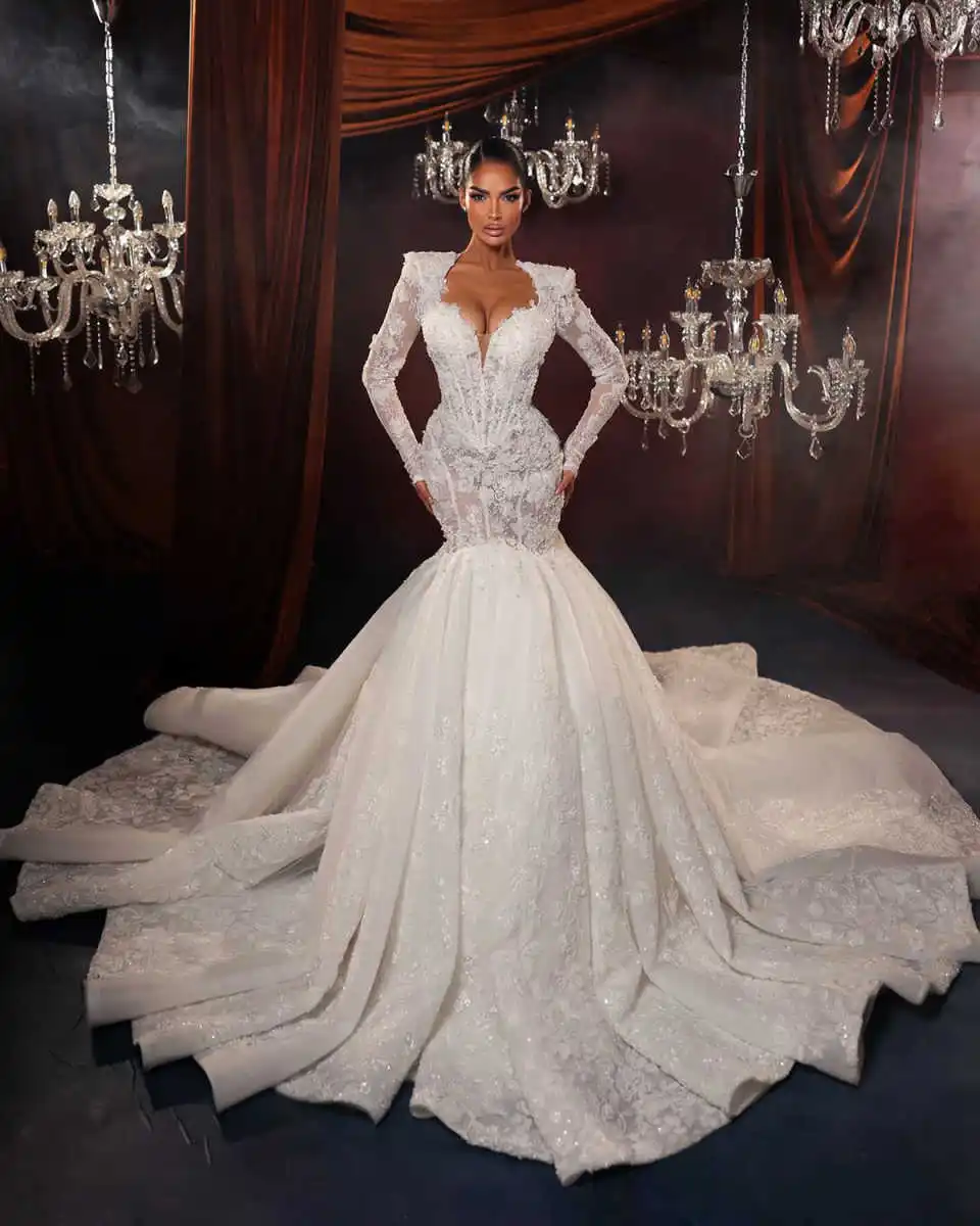فستان زفاف حورية البحر رائع برقبة على شكل V فستان زفاف فاخر مزين بالزهور وأكمام طويلة مخصص فيستدوس دي نوفيا