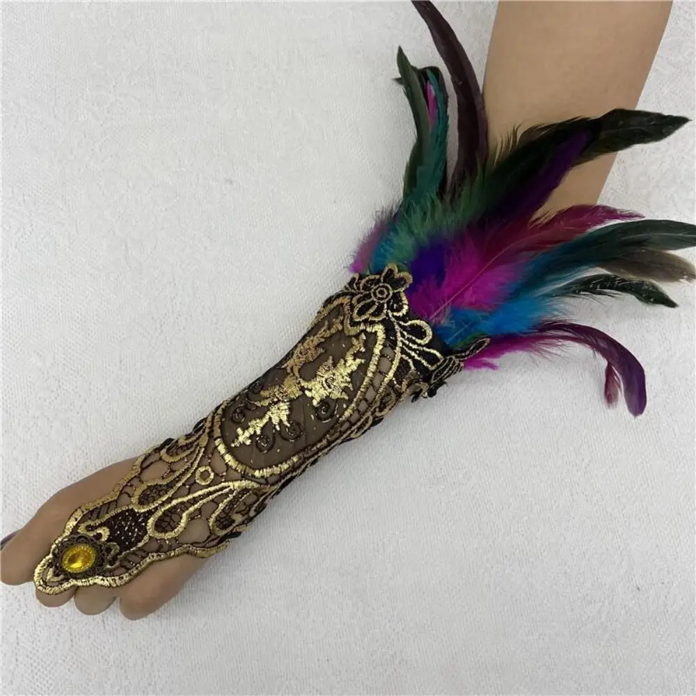 Creative Witch Halloween Feather Gloves Retro Gothic Women Feather Lace Glove Embroidery Dark Halloween Wristband Festival