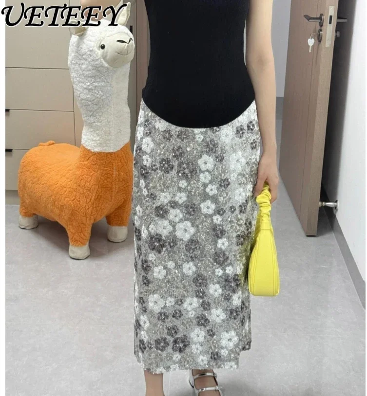 Summer New Heavy Industry Color Matching Sequined High Waist Skirt Light Luxury Floral Socialite Fashion All-Match A-line Skirts