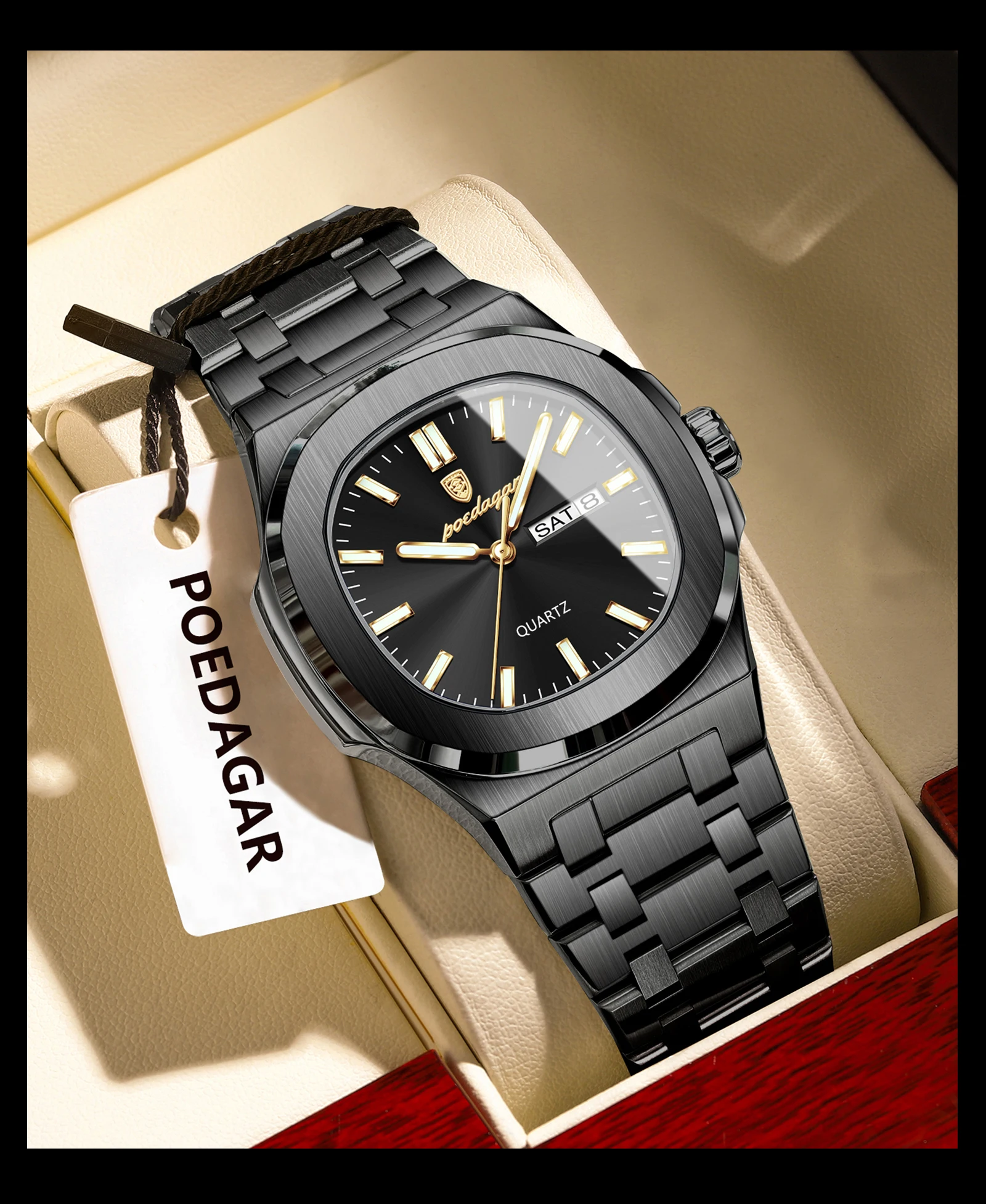 POEDAGAR Luxus Platz herren Uhren Wasserdicht Leucht Datum Woche Männer Uhr Edelstahl Mode Quarz Mann Armbanduhr Reloj – Detail 14