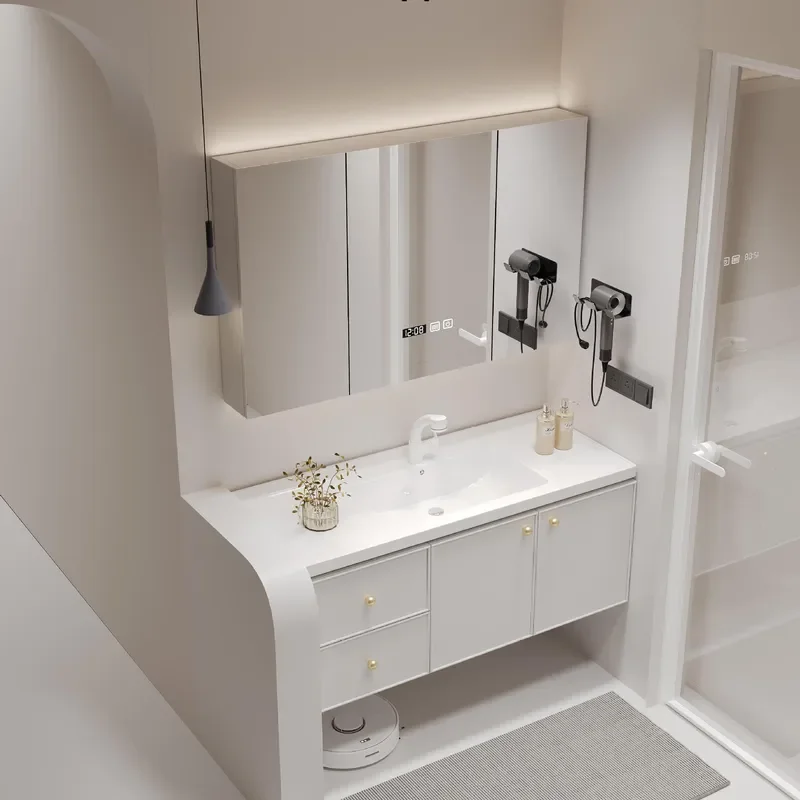 for Cream Wind Bathroom Cabinet Combination Integrated Ceramic Basin Simple Washstand Solid Wood Paint Face Wash Basin