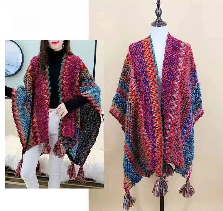 

Новая накидка контрастных цветов в этническом стиле с разрезом на весну, осень и зиму для туризма, большая шаль с бахромой, теплая на улице