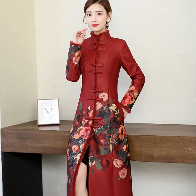 Winter dresses women 2024 plus size Oriental dresses red high collar long sleeve Cheongsam Qipao elegant Chinese dresses ff2503