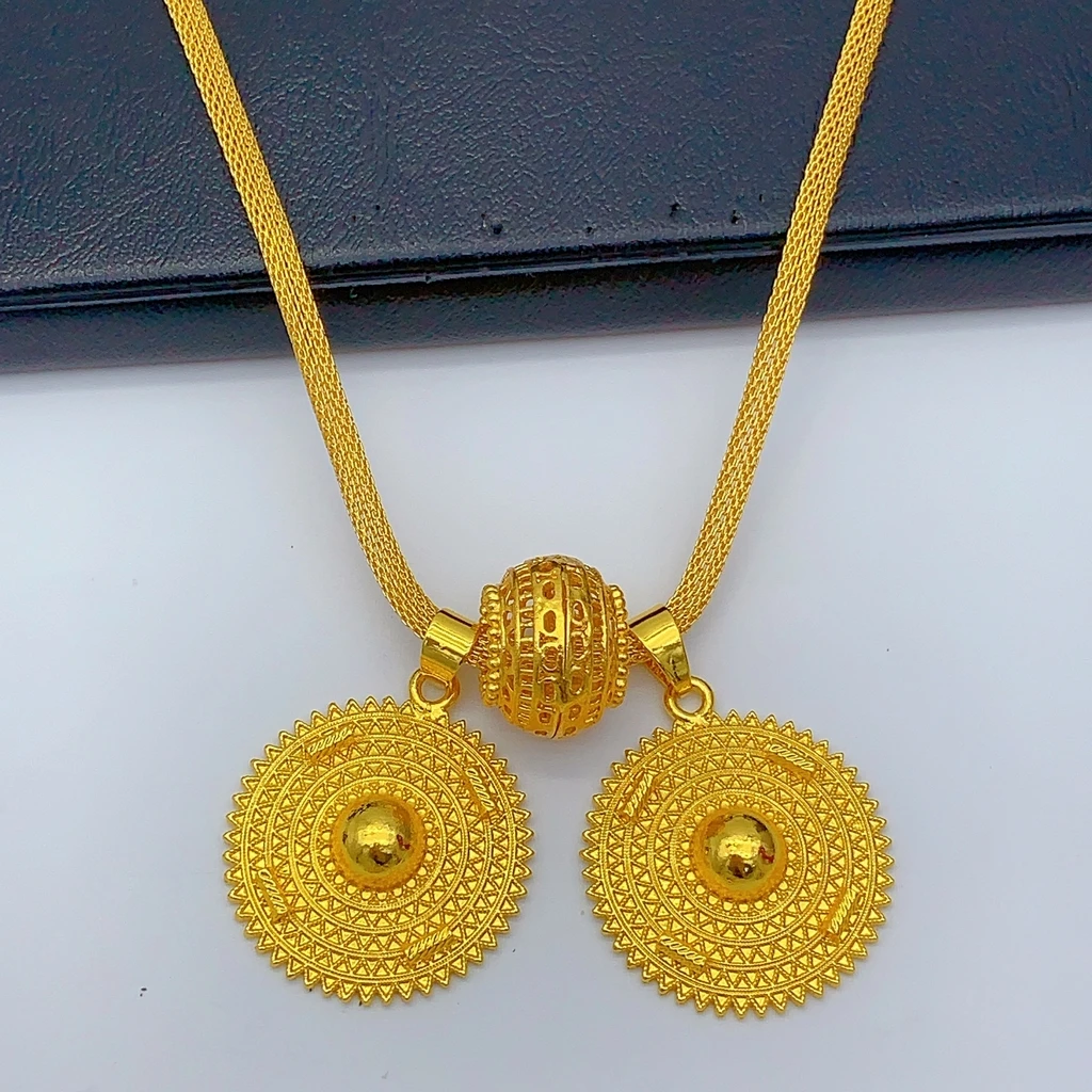 Luxuriöse Äthiopische 24k Goldfarbene Schmucksets für Frauen Dubai Braut Zweier-Rundhalsketten- und Ohrring-Set Hochzeitsgeschenke – Detail 3