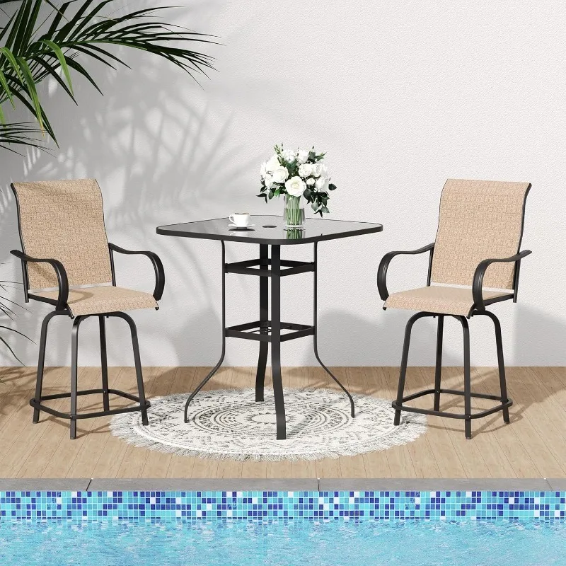 Patio Swivel Bar Stools Set with Outdoor Chairs and 1 Table - High Top Bistro Set - All-Weather Metal Frame