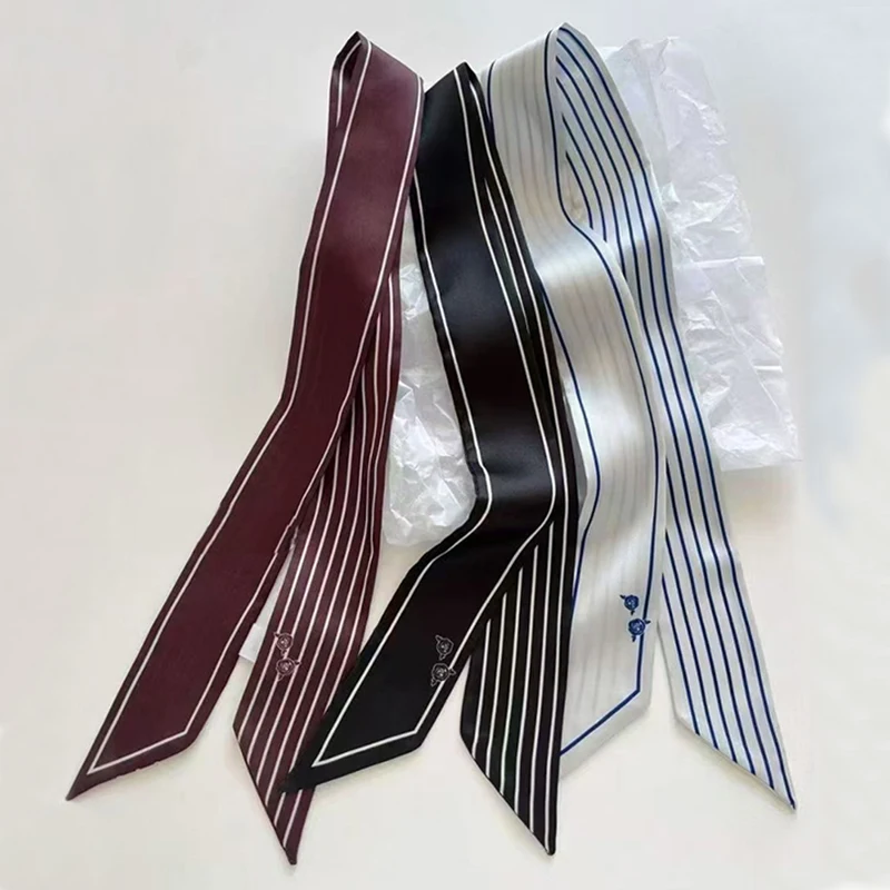 New Luxury Brand Striped Silk Scarf for Women Scarf Bag Hair Skinny Silk Scarves Lady Foulard Neckerchief Handbag Handle Ribbon