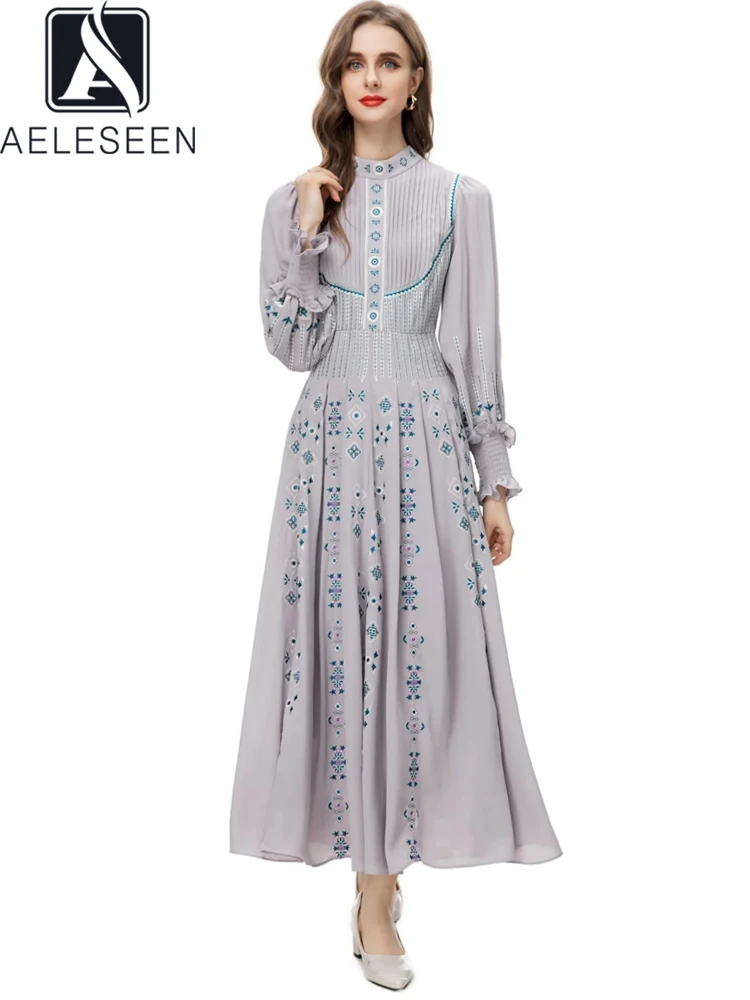 

AELESEEN High Quality Pleated Dress For Women Spring Autumn Lantern Sleeve Ruffles Flower Embroidery Turtleneck Elegant Party