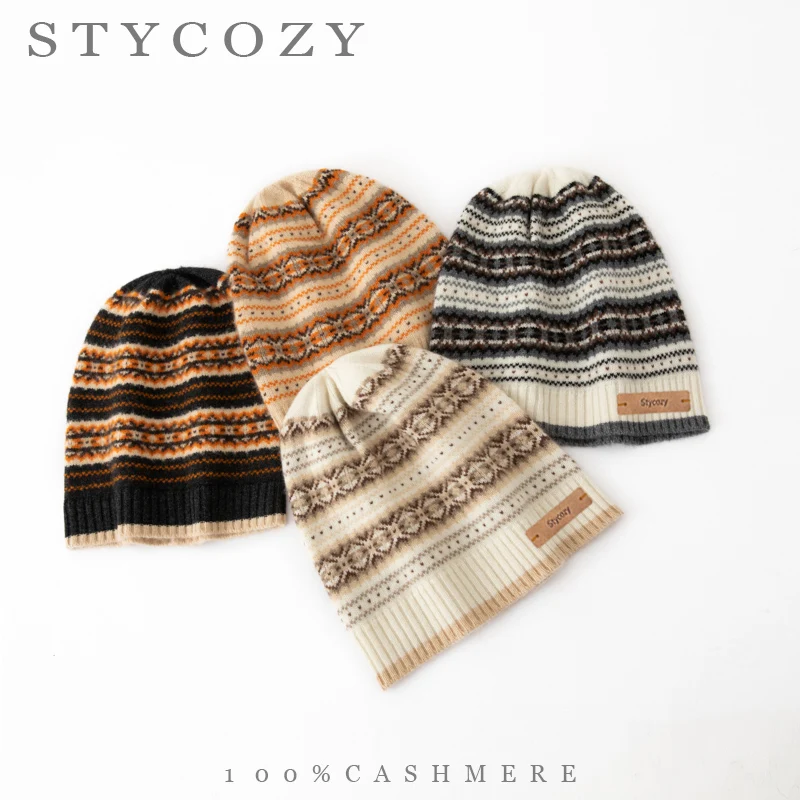 100%Cashmere Fair Isle Jacquard Knit Beanie Women Vintage Nordic Striped Rib Cuff Hat Unisex Winter Warm Daily Commute Skull Cap