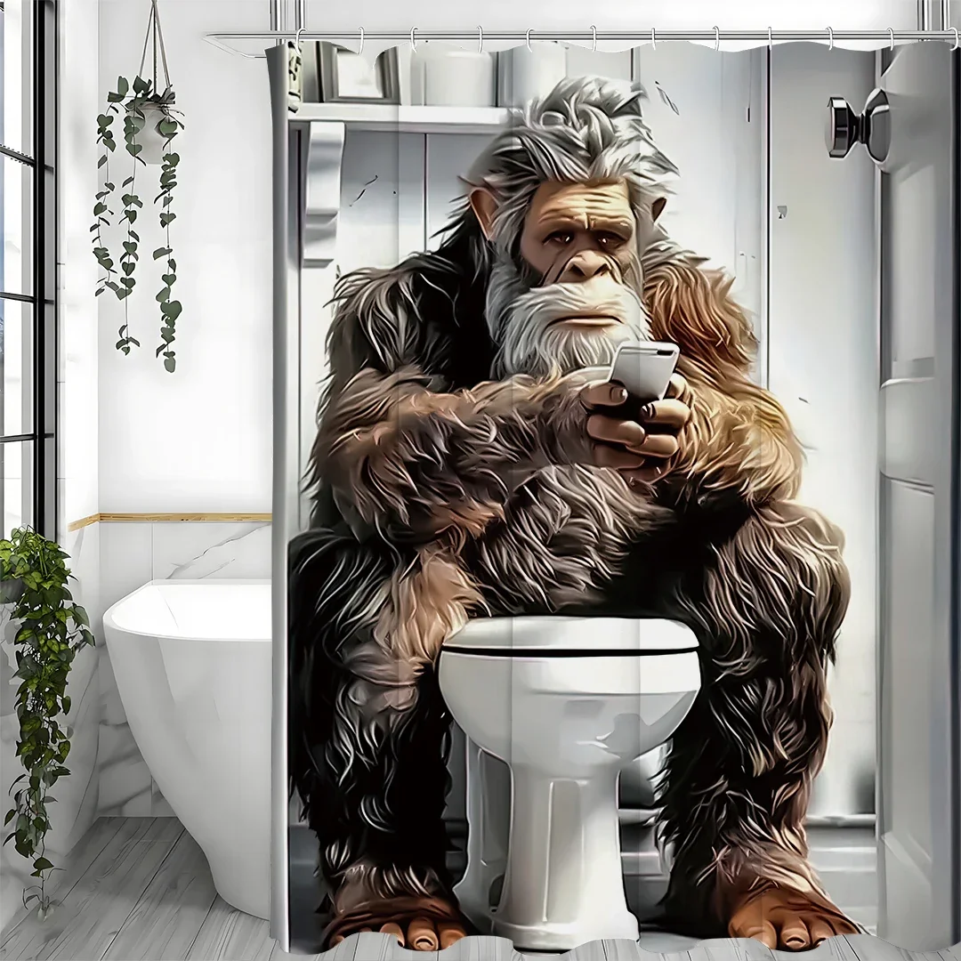 

Funny Orangutan Toilet Reading Shower Curtain, Bathroom Decorative Shower Curtain, Waterproof Shower Curtain with Hooks