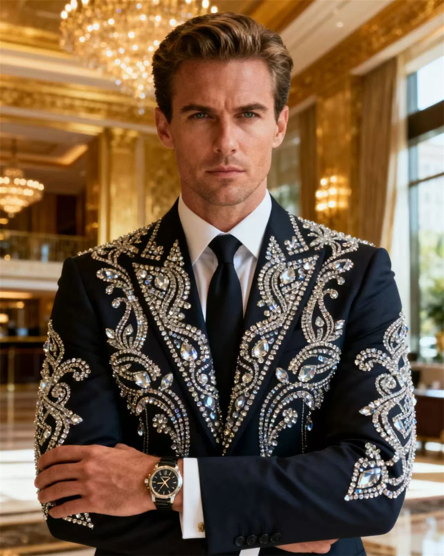 

Elegant Diamond design Men Suits Customized Rhinestones Beaded Wedding Tuxedos Slim Ropa hombre 2 Pieces Sets Groom Male Blazers