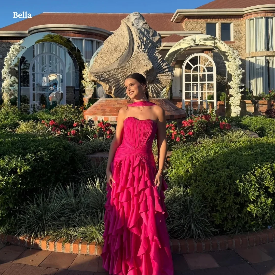 Bella Customized Prom Dress robes de soirée Party Dresses Fuchsia Strapless Halter Ruffle Tiered Long Formal Gown For Women 2026