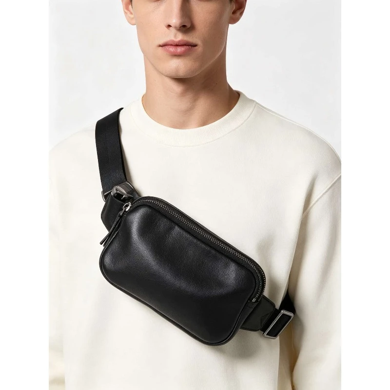 Men's leather small shoulder bag, fashionable waist bag, cowhide crossbody casual bag, simple solid color small bag