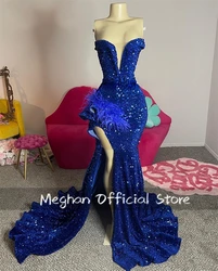 Royal Blue Sweetheart Long Prom Dresses Black Girls Sequin 2024 Birthday Luxury Dress Feather Graduation Gown Split Customized